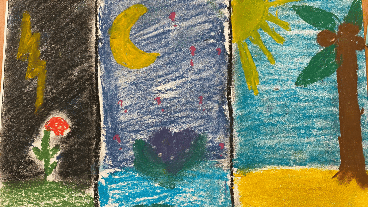 A pastels art piece depicting past present and future