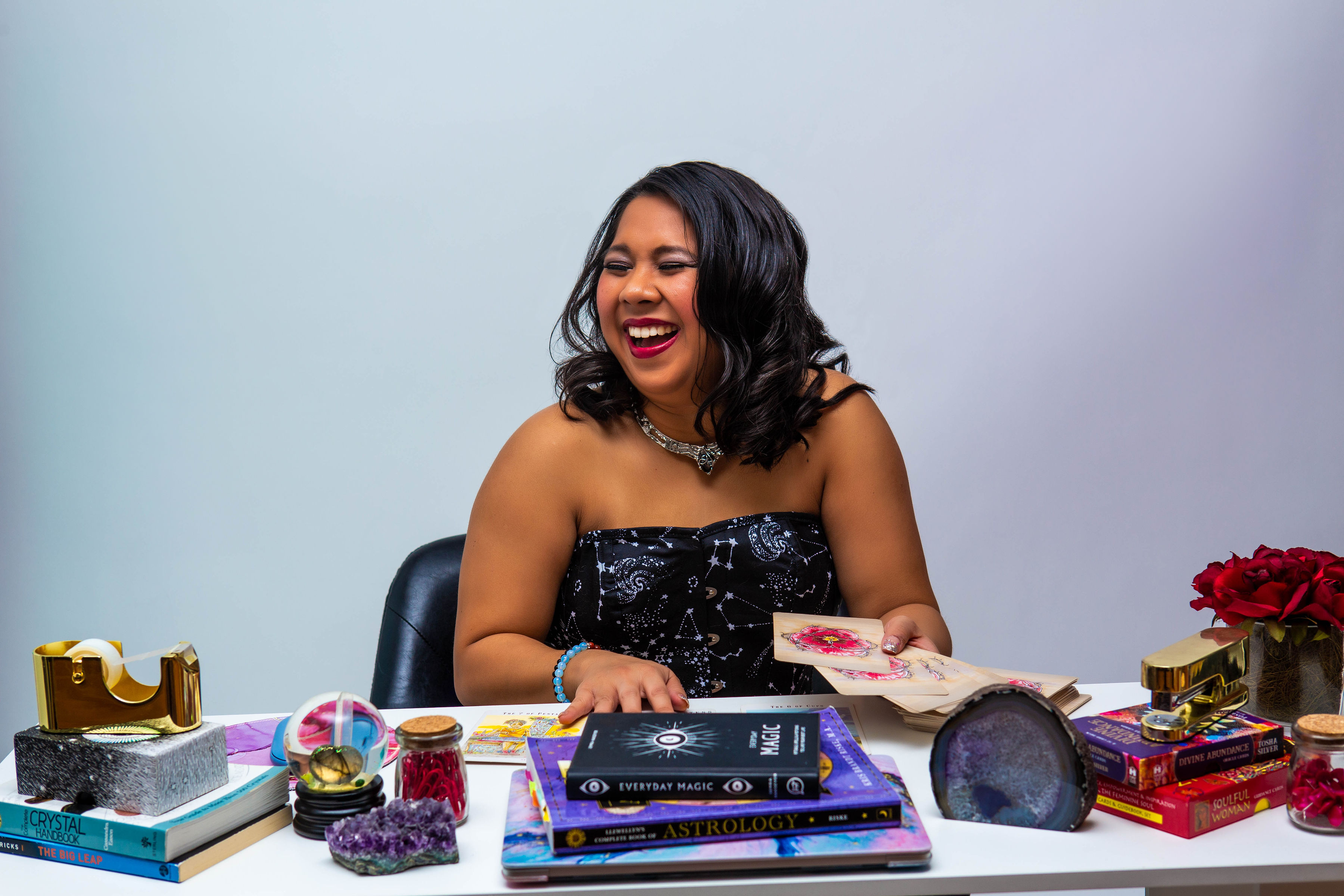Dr. Rowena at Desk Laughing Dr. Rowena at Desk Laughing